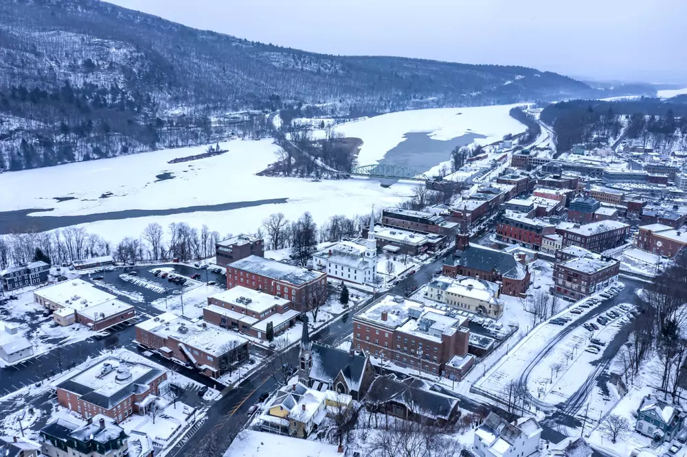 Aerial view of Brattleboro, Vermont in Winters - Top Romantic Things to Do in Vermont